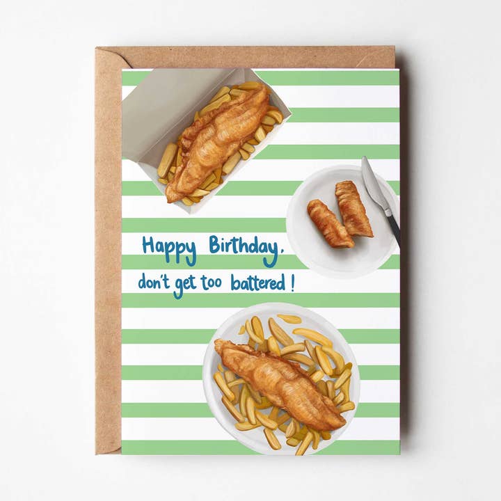 Happy Birthday, Don't Get Battered - Funny Food Themed Card for wholesale by Katie Tinkler illustration