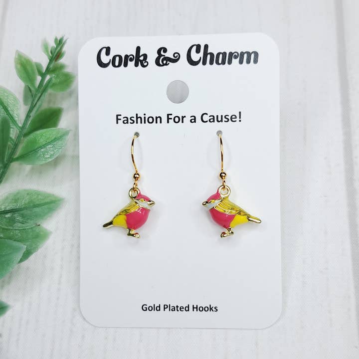 Orecchini d'Oro con Uccello Giallo Rosa Scuro per la vendita all'ingrosso da parte di Cork and Charm