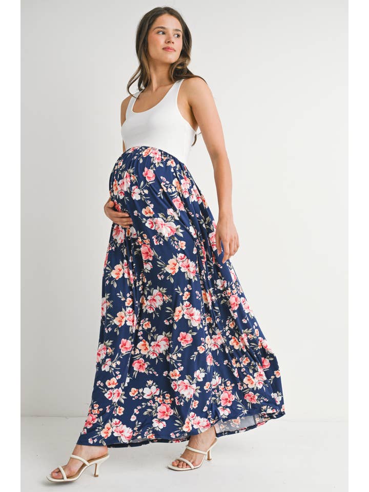 Ivory Navy Floral Maternity Tank Maxi Knit Dress for wholesale on Faire