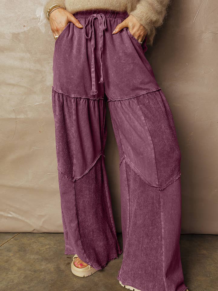 Wild Ginger Careys Mineral Wash Tiered Wide Leg Patchwork Drawstring Pants for wholesale by Shoppe247