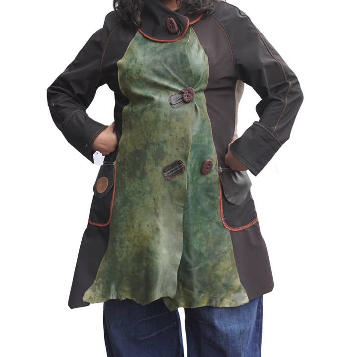 Three Quarter Length Lightweight acket with Green Leather on Grey and Beige by Pepin Designs for wholesale by sariKNOTsari