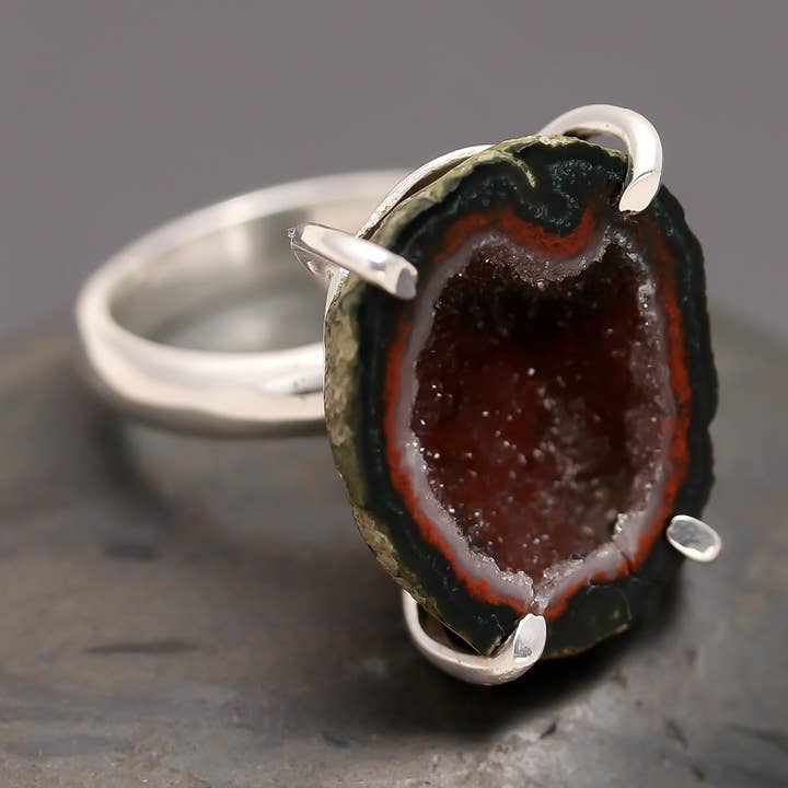 Anel de Geodo Druzy em Prata 925 em Fatia Bruta por atacado de AG 925 JEWELLERY