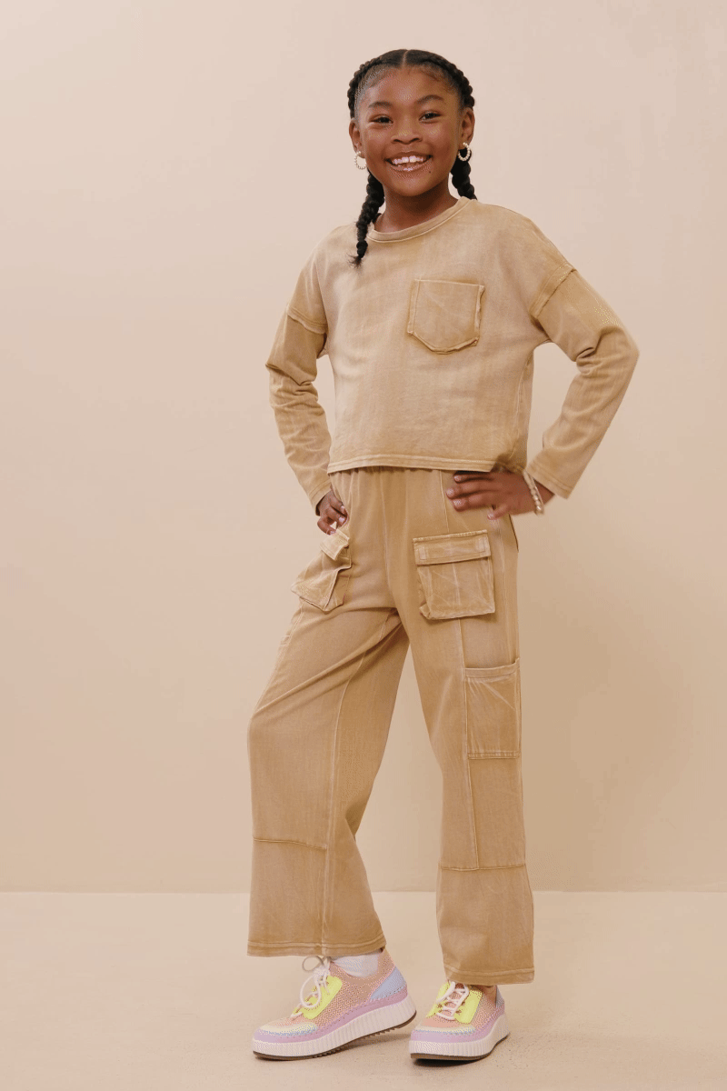 Hayden LA - Wholesale T-Shirt - Kids - Girls Washed Chest Pocket Long Sleeve Knit T Shirt1