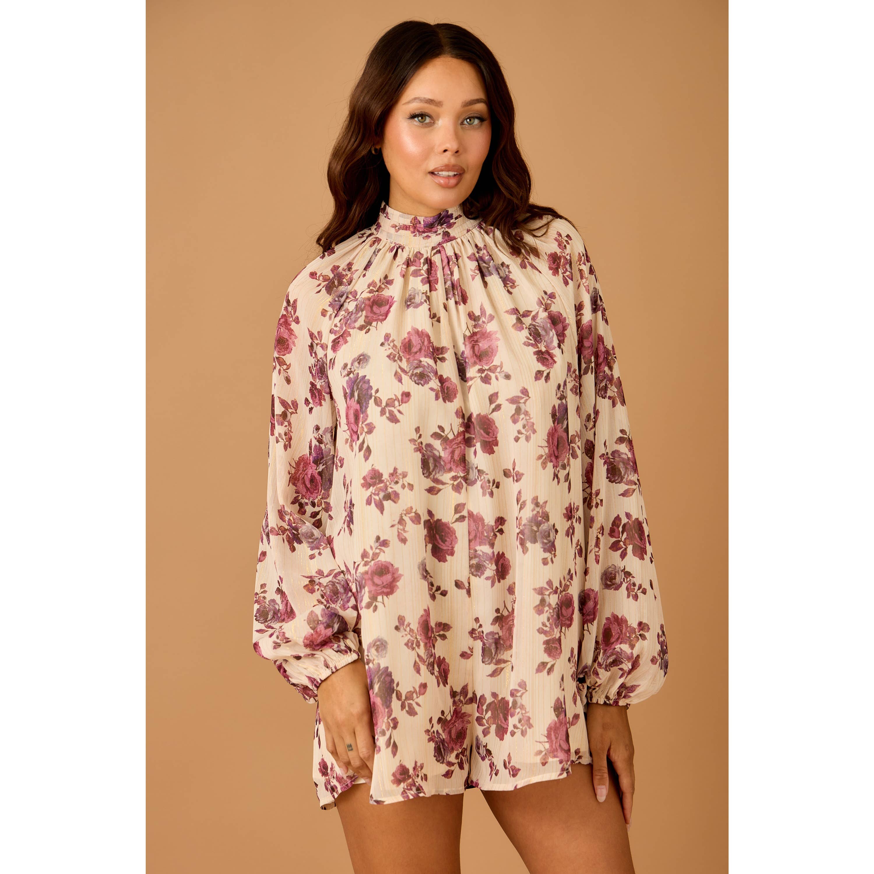 Cream combo Blommig chiffongromper med ballongärmar för wholesale på Faire1