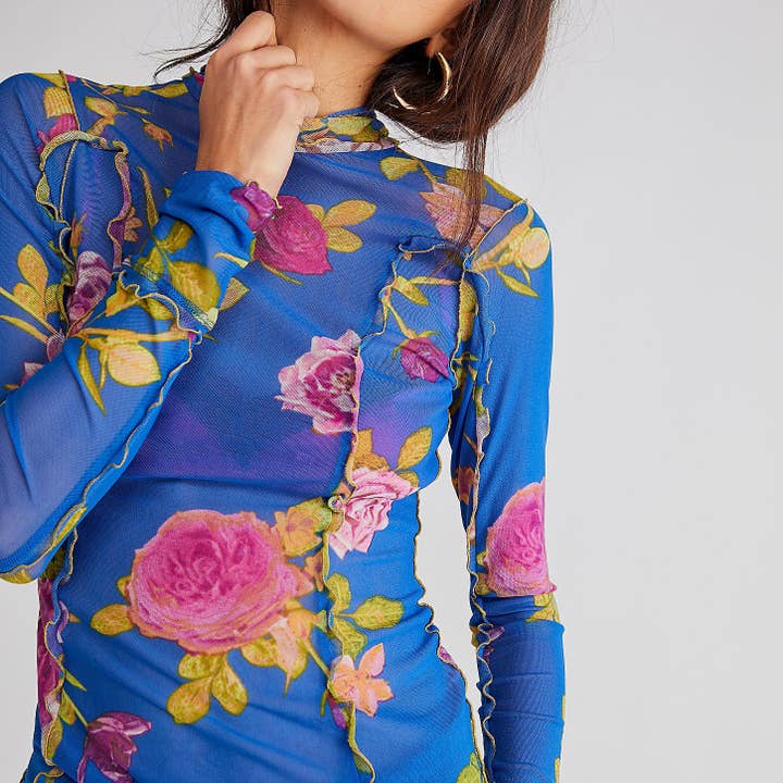 Rosa Clothing - Wholesale Knit Top - Women's - Slim-Fit Sheer Botanical Floral Print Turtleneck Top