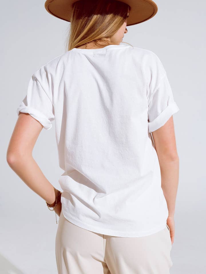 White Creme T-shirt With famous Names Logos At The Front for wholesale on Faire