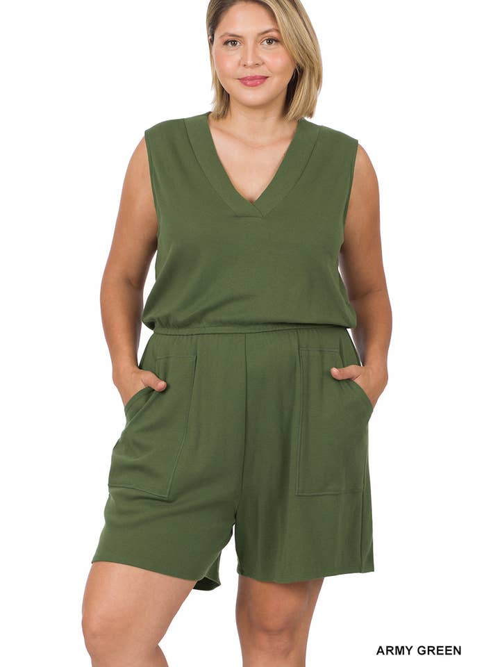 42POPS - Wholesale Romper - Women's - "._ PLUS SIZE COTTON SLEEVELESS ROMPER WITH POCKETS