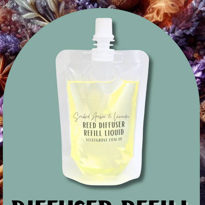 Recharge de liquide pour diffuseur parfumé Ambre Fumé & Lavande 100ml Pochette Transparente pour la vente par Scent Grove