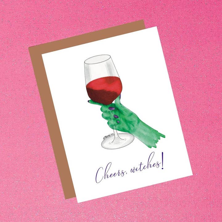Cheers Witches - Vin de sorcière à croquis de mode d'automne et d'Halloween pour la vente par Tiffany Ascensio Designs | Watercolor Greeting Cards