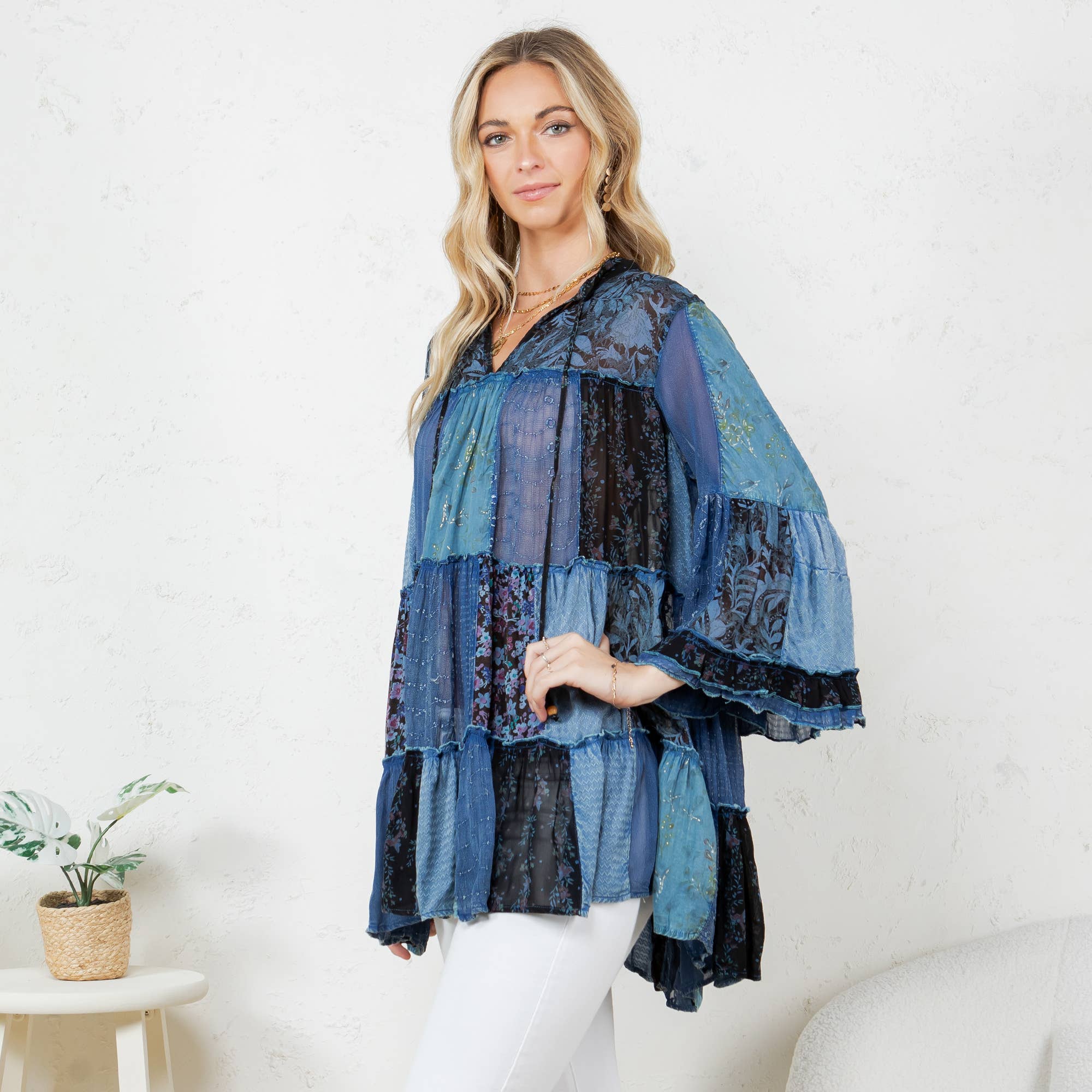 Young Threads - Venta al por mayor Blusa - Mujer - Top Jhabla con Cuello de Banda Teñido Chic (Nuevo Color)1