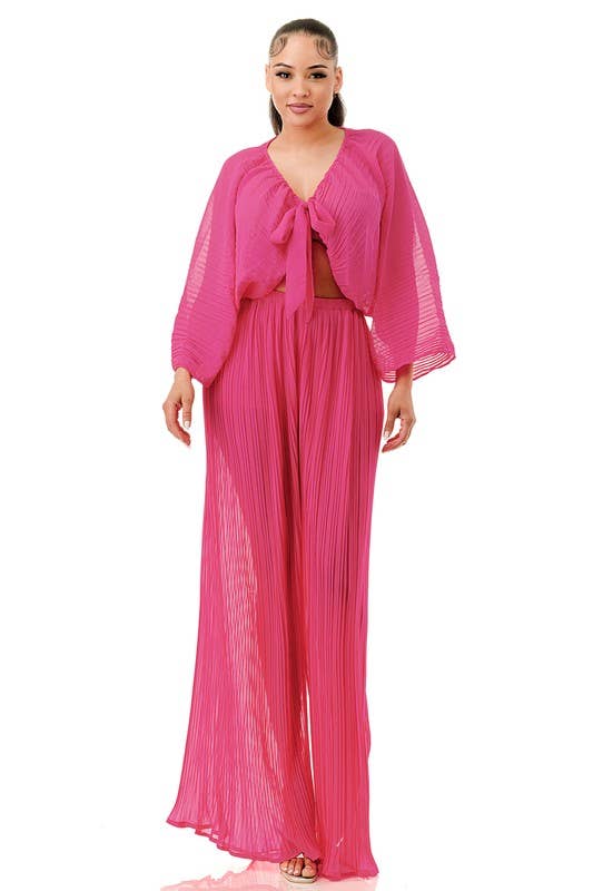 Namatt Design – wholesale Top & pants set (NOT Loungewear) – Women's – Plus Front Tie Billowing Pleated Crop Top & Pants Set15