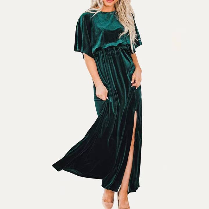 The Moment Collection - Wholesale Dress - Women's - Solid Velvet Round Neck Half Sleeves Maxi Dress