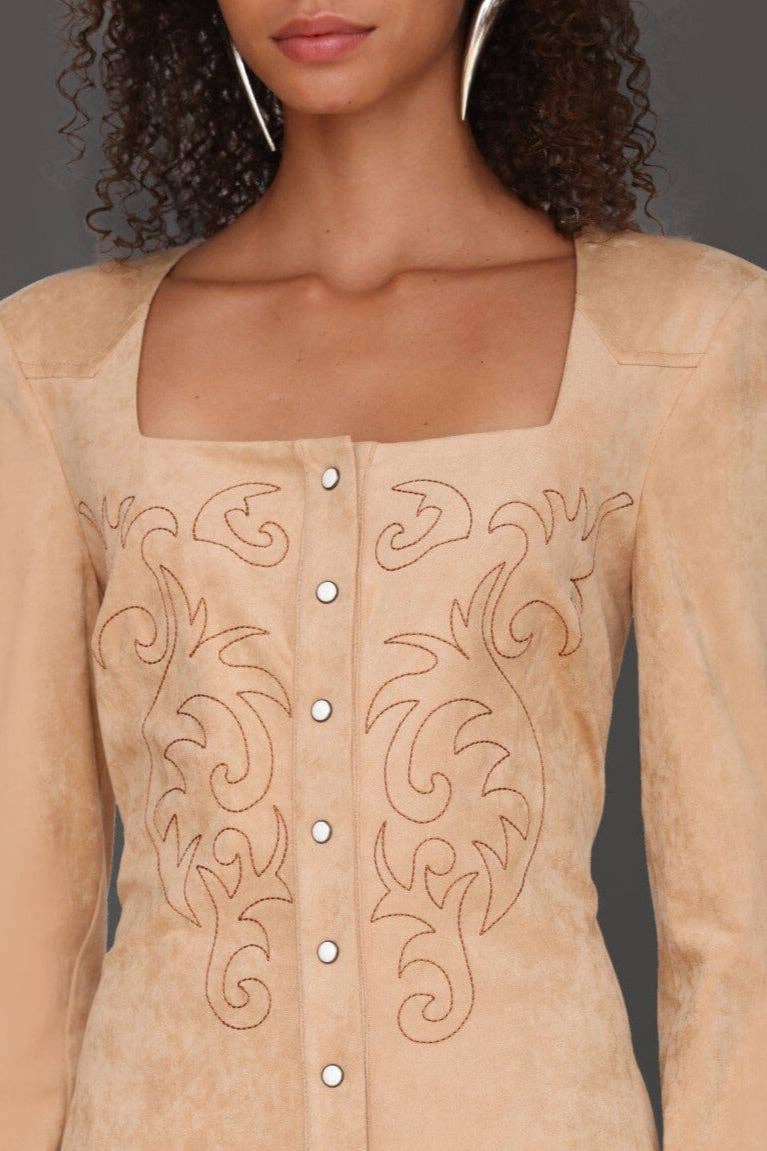 Biscuit Western Embroidered Faux Suede Mini Dress for wholesale on Faire0