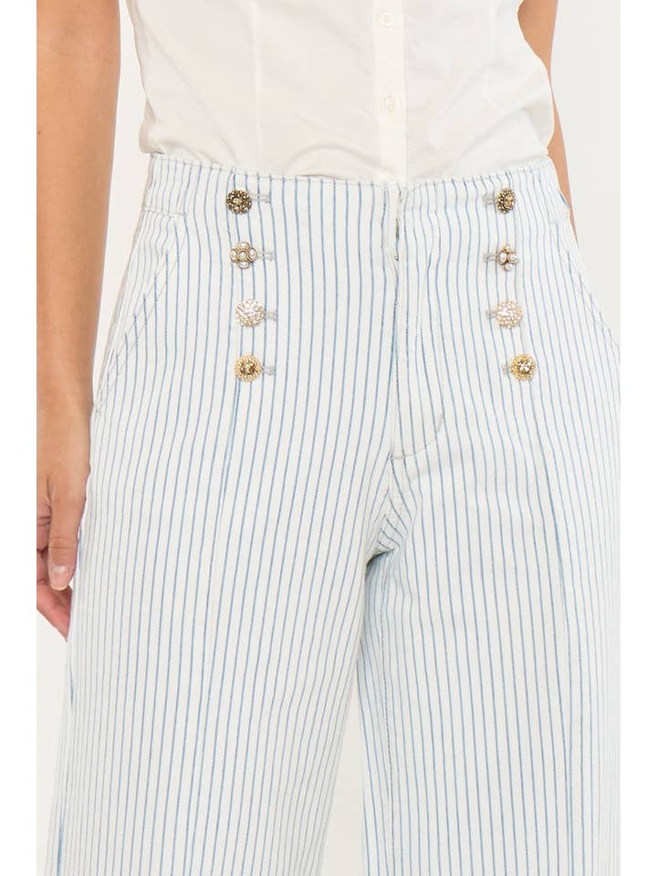 LÉGER PANTALON LARGE À RAYURES ÉVASÉES TAILLE HAUTE-KC2190L en vente sur Faire5