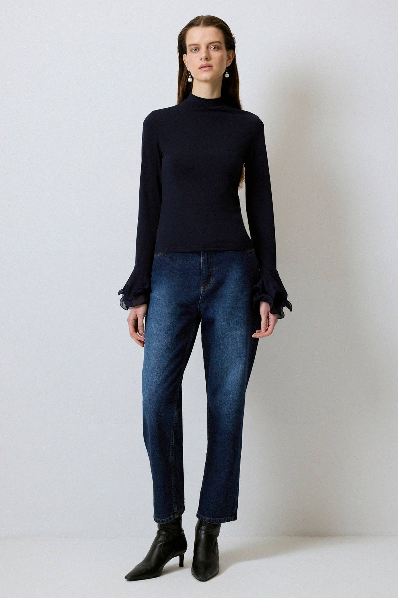 Lacivert Knit Blouse with Sheer Chiffon Flounce Sleeves
 for wholesale on Faire2