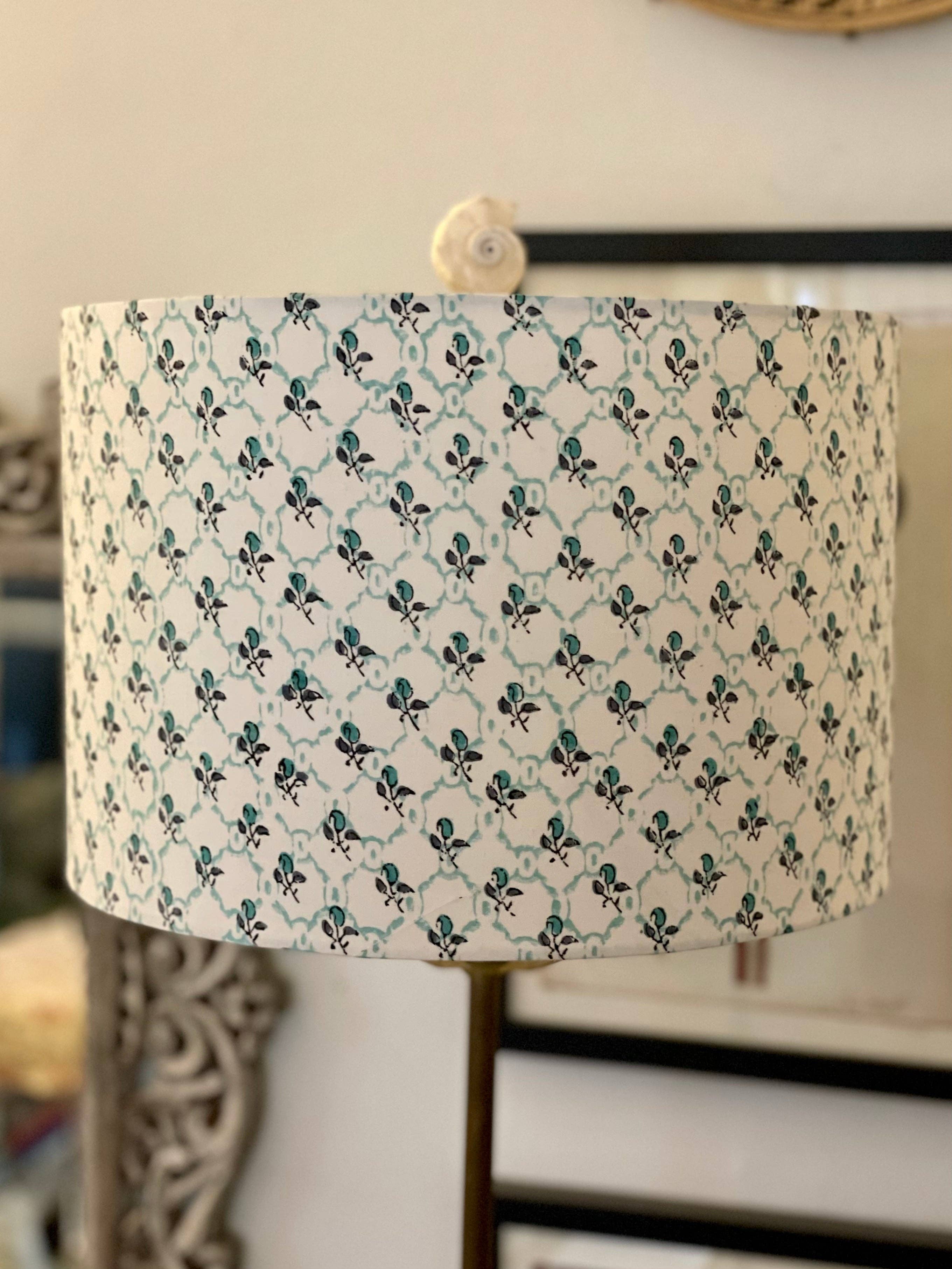 Olive and Limpet – wholesale Lampshade – 12 Inch Drum Shade. Indian Hand Block Print. Pretty Teal Lattice and Buta Pattern.