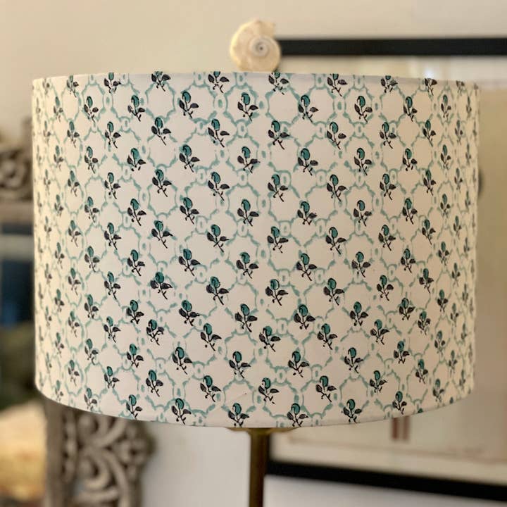 Olive and Limpet – wholesale Lampshade – 12 Inch Drum Shade. Indian Hand Block Print. Pretty Teal Lattice and Buta Pattern.0