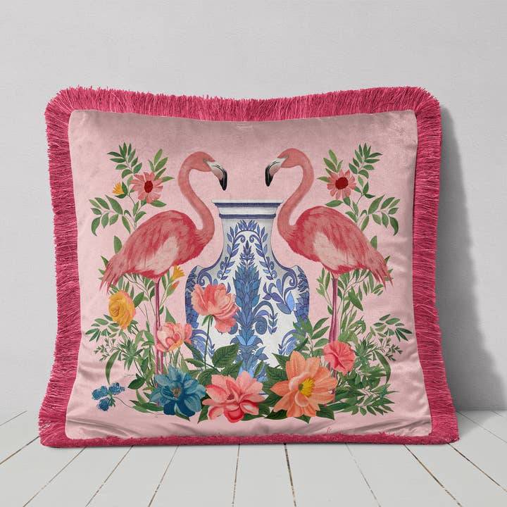Flamingo Chinoiserie Twins Luxury Cushion Pillow Cover for wholesale by FabFunky Ltd