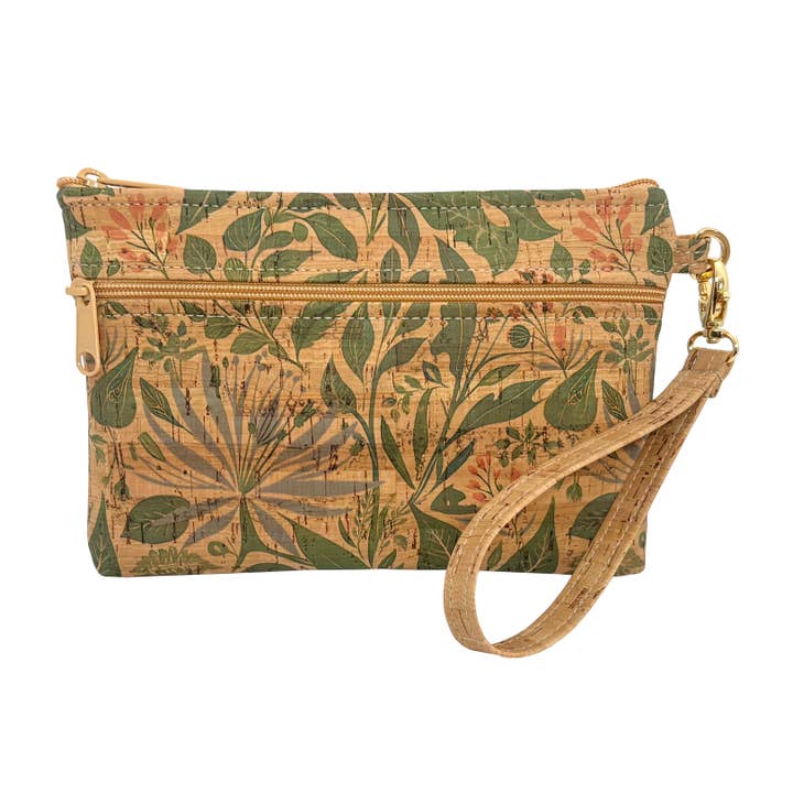 Cork Double Zipper Wristlet | Lush Botanicals Print for wholesale by Natalie Therese