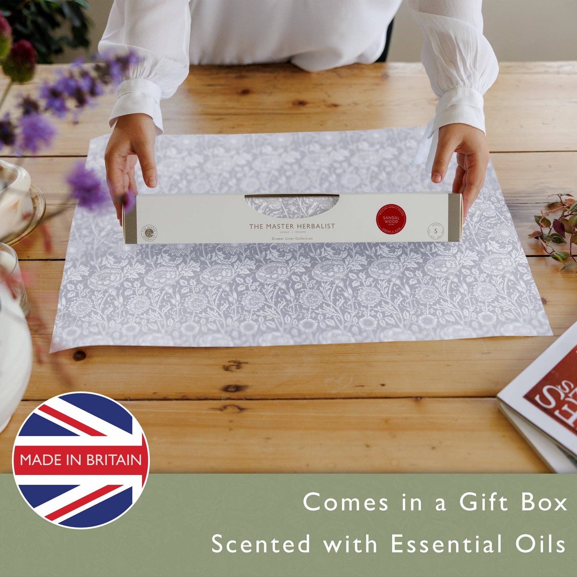 The Master Herbalist - Wholesale Drawer Liner - LILY OF THE VALLEY fragrance SCENTED Drawer Liners in GREY William Morris Design1