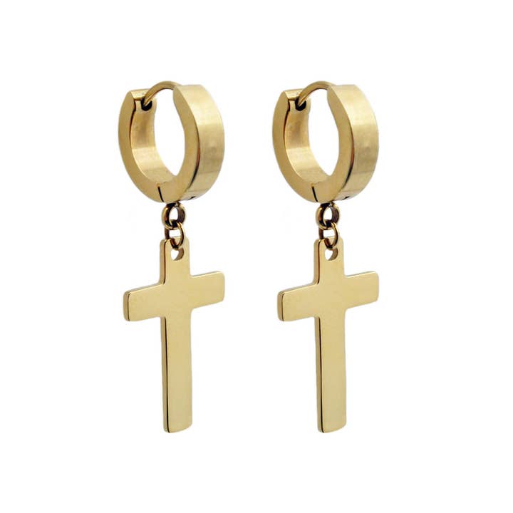 Blackjack Mens Jewelry - Wholesale Dangle Earrings - Men's Gold Stainless Steel Hoop Cross Earrings