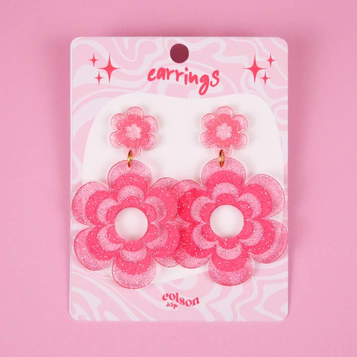 Glitter Flower Pattern Drop Acrylic Earrings - Pink for wholesale by ColsonDesign