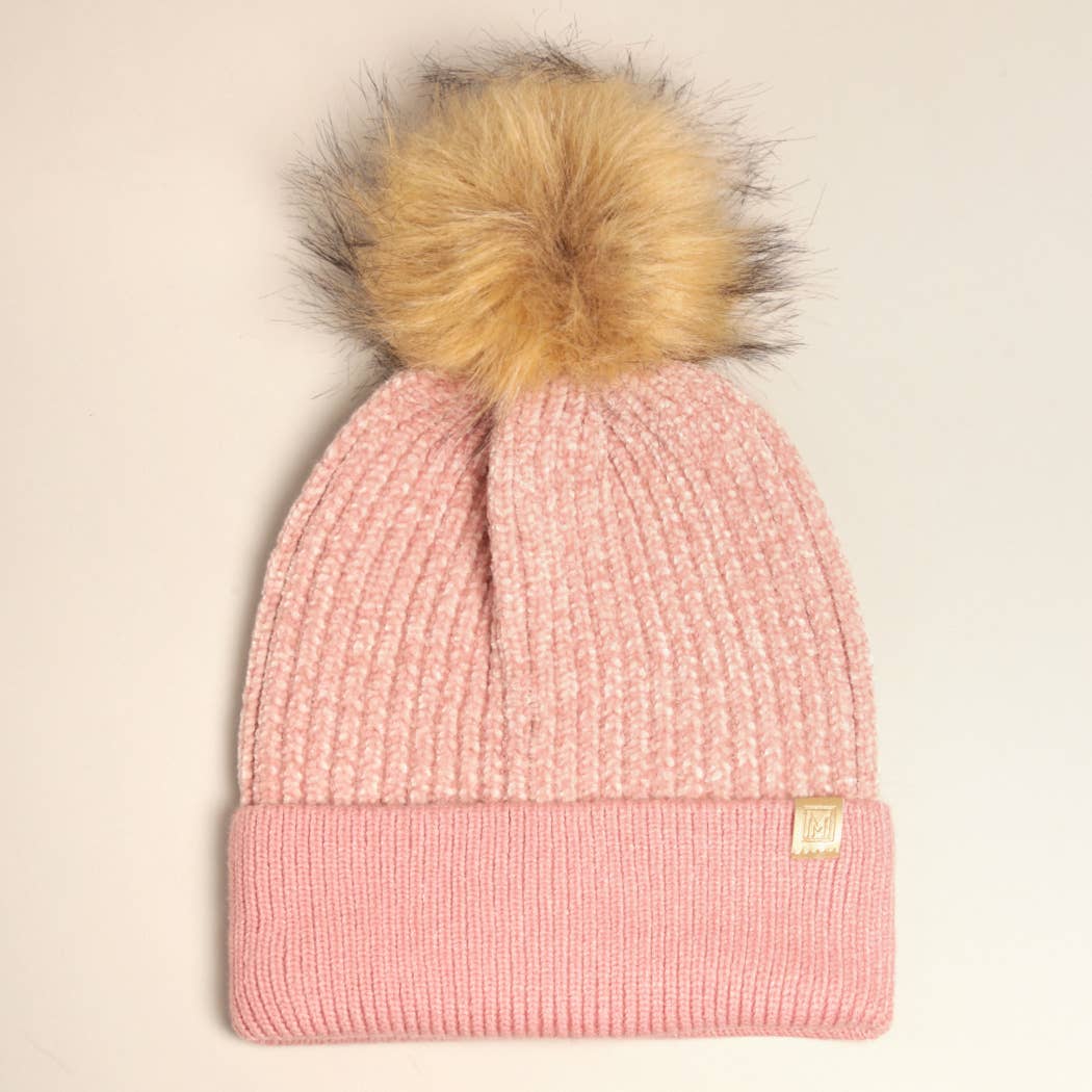 Fashion City - Wholesale Beanie - Women's - Winter Solid Chenille Cuff Beanie with Pom Pom4