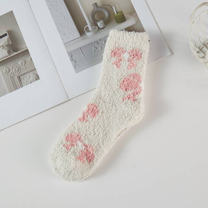ASSORTED COLORS Bow Pattern Fuzzy Winter Socks for wholesale on Faire