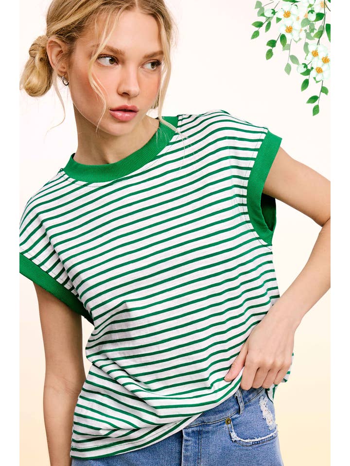La Miel - Wholesale T-Shirt - Women's - JDT7710-Nautical Cap Sleeve Striped Top
