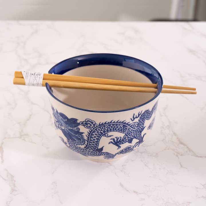 Urban Tokyo - Wholesale Serve Bowl - Blue Dragon Design 18oz 5.25"D Bowl With Chopsticks Set