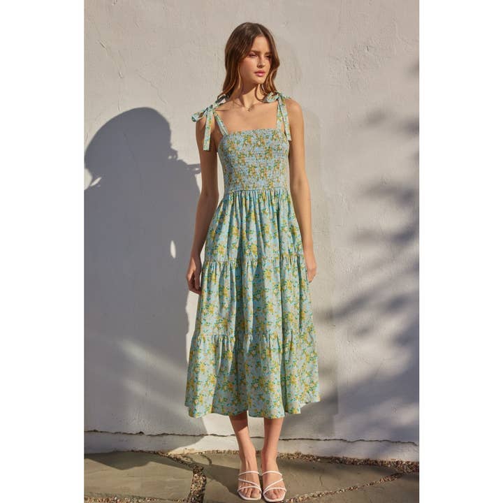 Pleasing Smocked Top Tiered Midi Dress for wholesale by Dress Forum