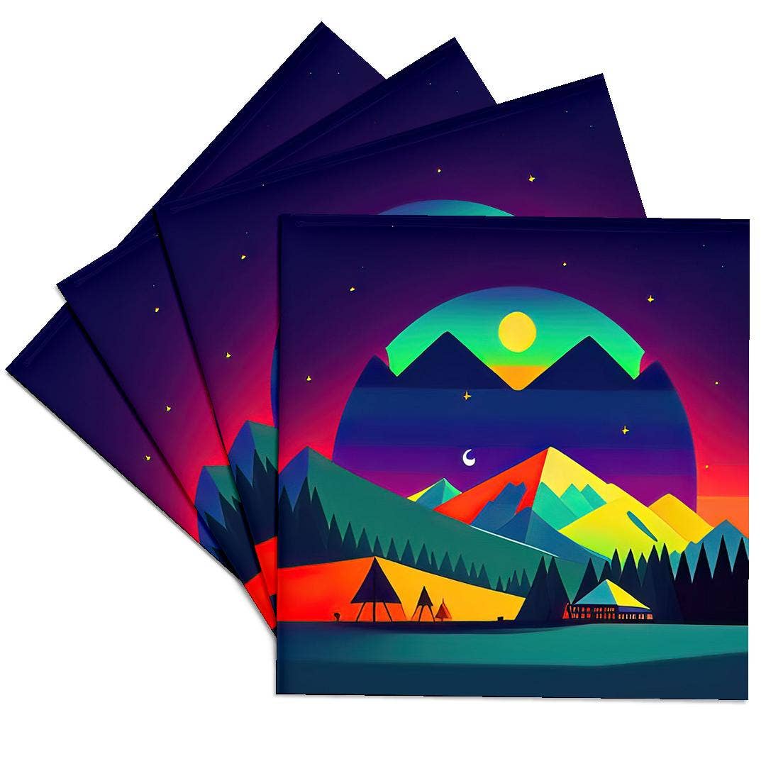 3dRose - Vente Sous-verre - 3dRose, Paysage fantastique décoratif de tentes, montagnes. Cadeau pour campeur heureux, Dessous de verre0