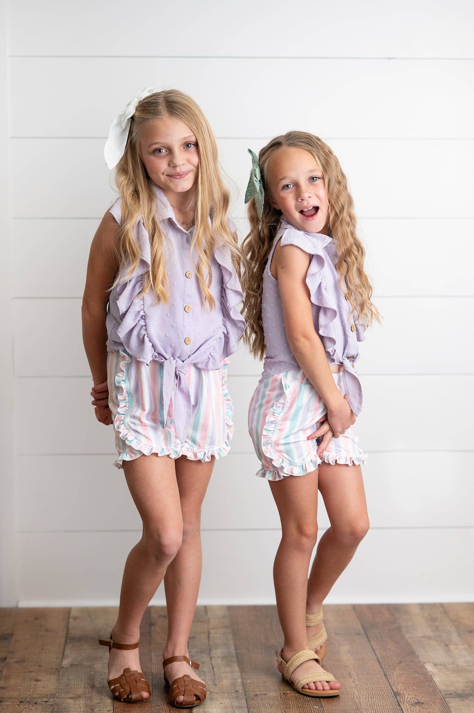 Wren & James - Wholesale Top & Short Set - Kids - Kids Lavender Ruffle Top & Pastel Stripe Spring Short Set6