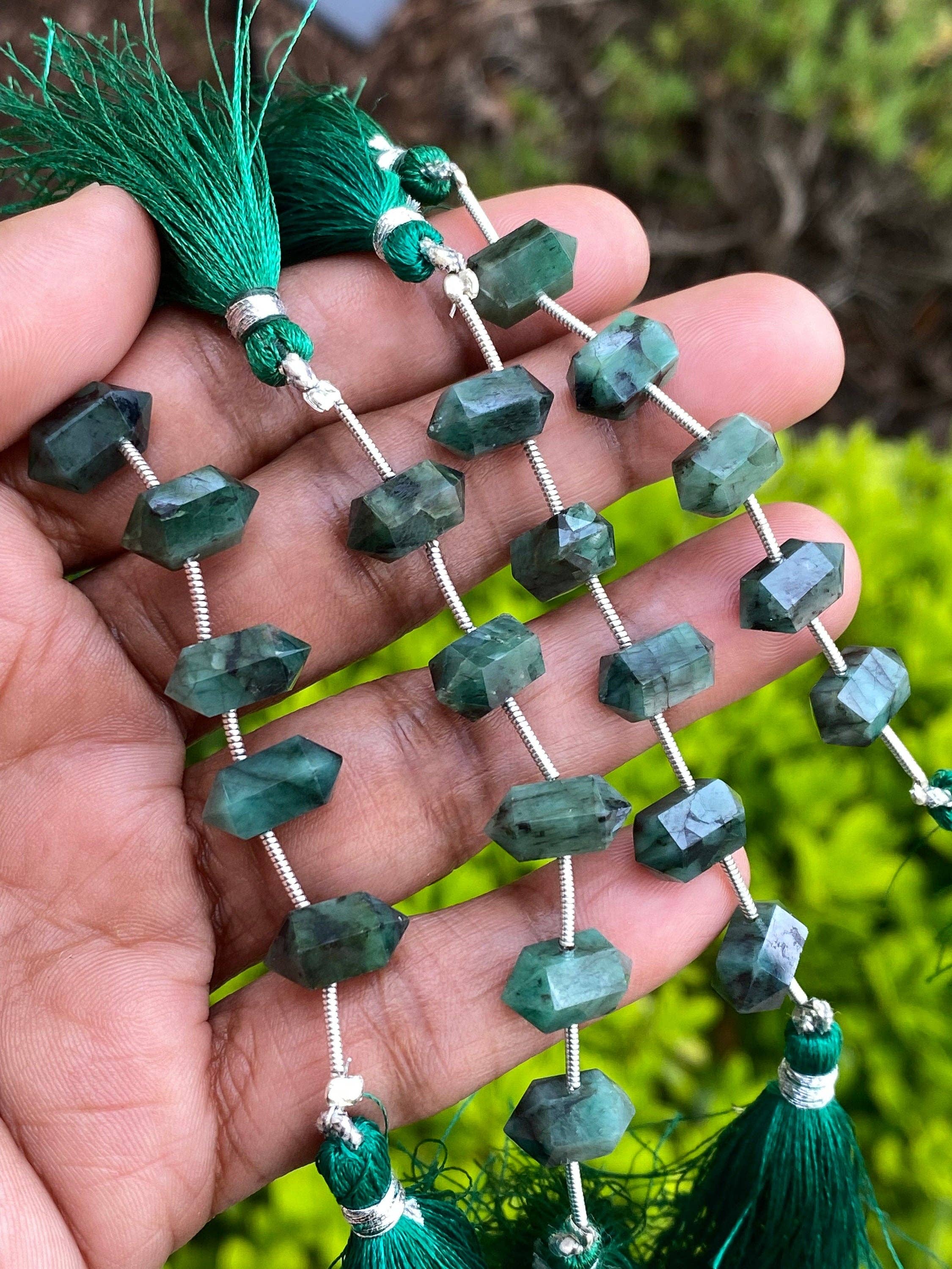 Akstar Gems - Wholesale Beads - 5 Pcs Emerald Double Terminated  Beads, Hand Carved Emerald Gemstone Fancy Wand Shape Beads for Wire Wrapping, 6x12mm5