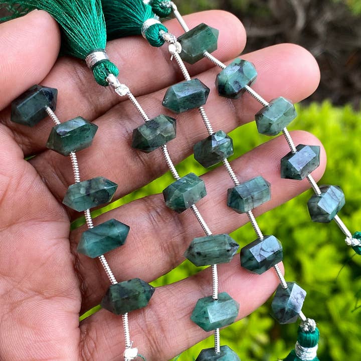 Akstar Gems - Wholesale Beads - 5 Pcs Emerald Double Terminated Beads, Hand Carved Emerald Gemstone Fancy Wand Shape Beads for Wire Wrapping, 6x12mm5