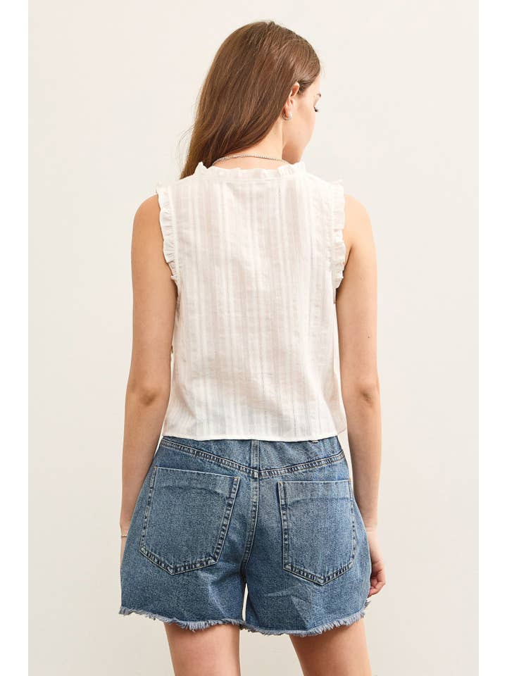 White RUFFLED V NECK BUTTON CLOSURE TOP for wholesale on Faire