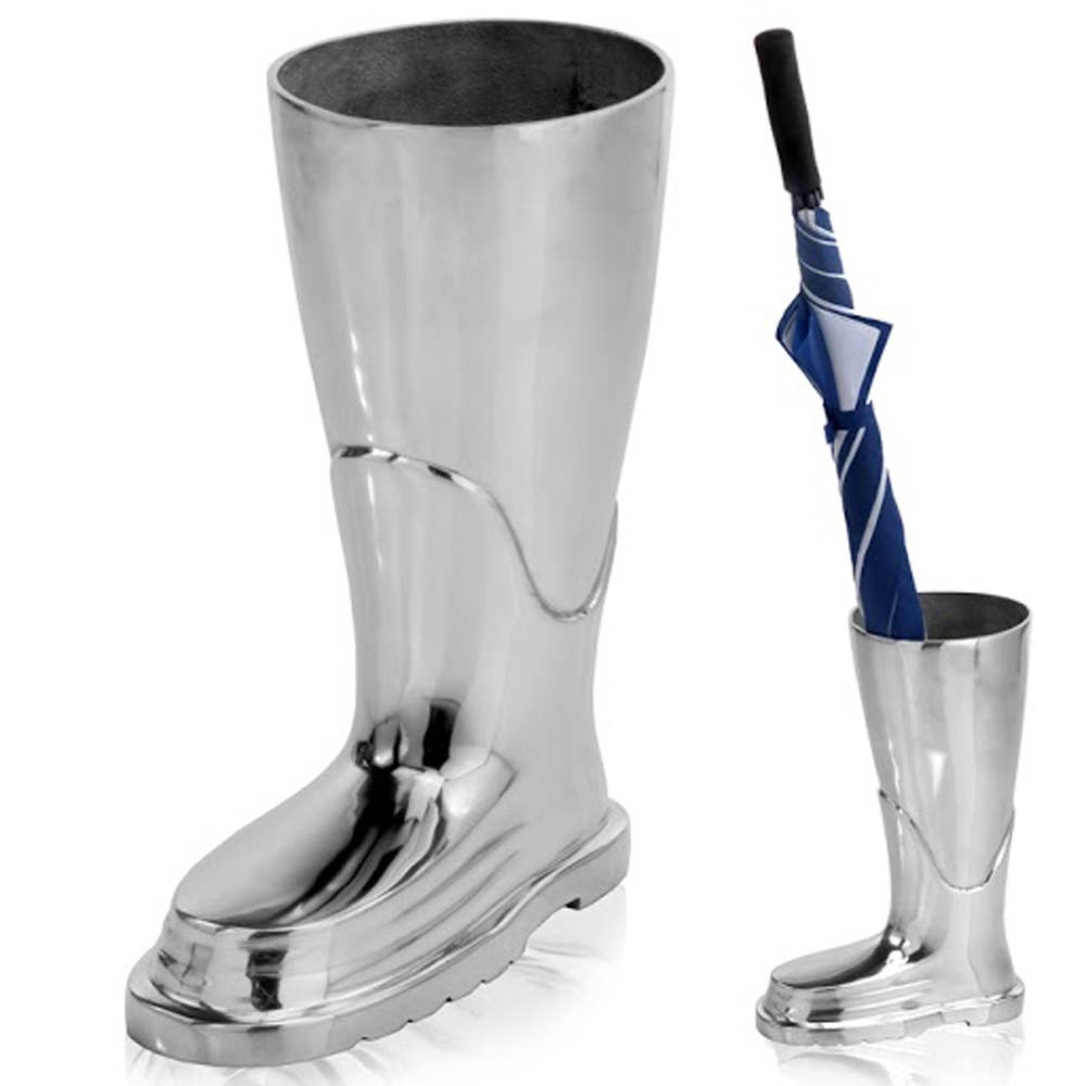 HomeRoots - Wholesale Sculpture - 16" Silver Buffed Aluminum Firefighter Boot Umbrella Stand Sculpture5
