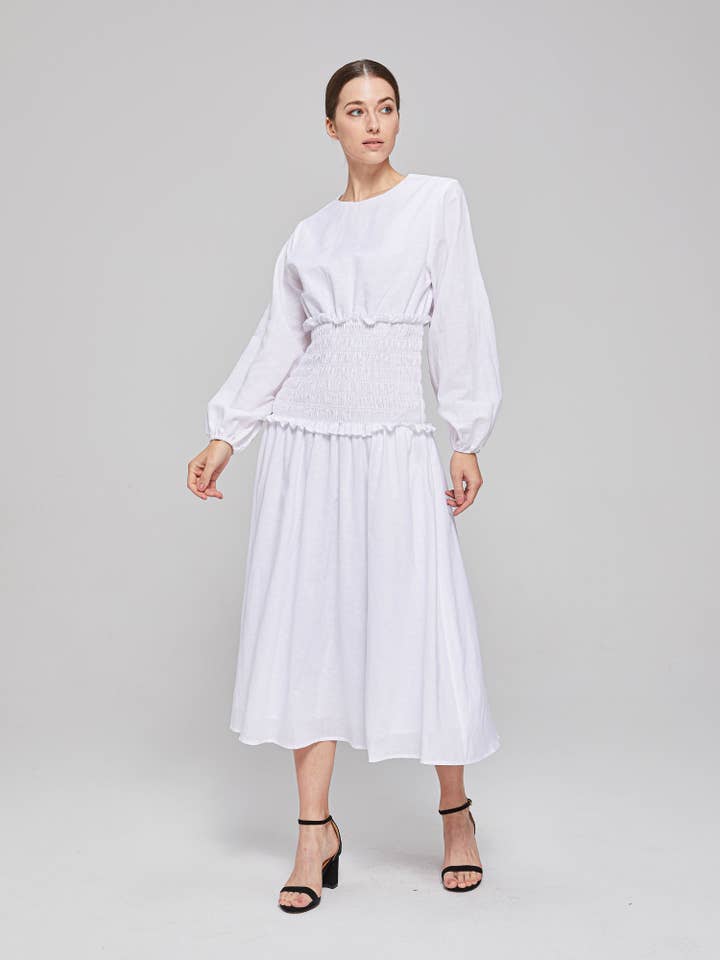 Divinity Shirred Midi Dress - White for wholesale on Faire4