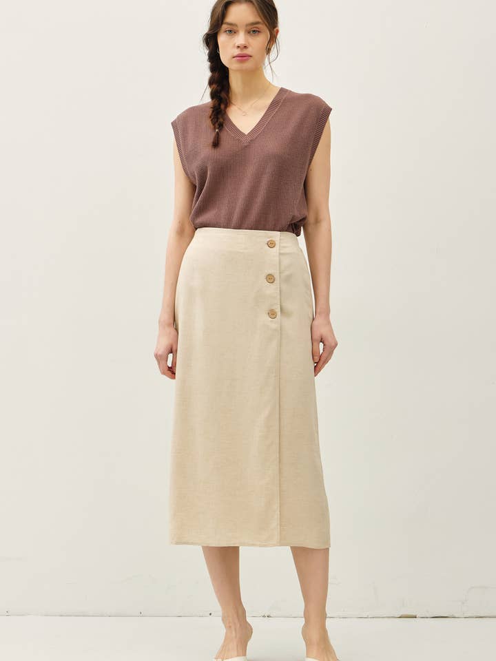 LINEN BLEND MIDI WRAP SKIRT  for wholesale by Be Cool