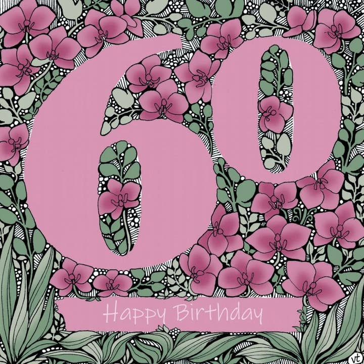 Glückwunschkarte zum 60. Geburtstag – pinkes Blumenmuster für den Großhandel von Alff a Bet Design