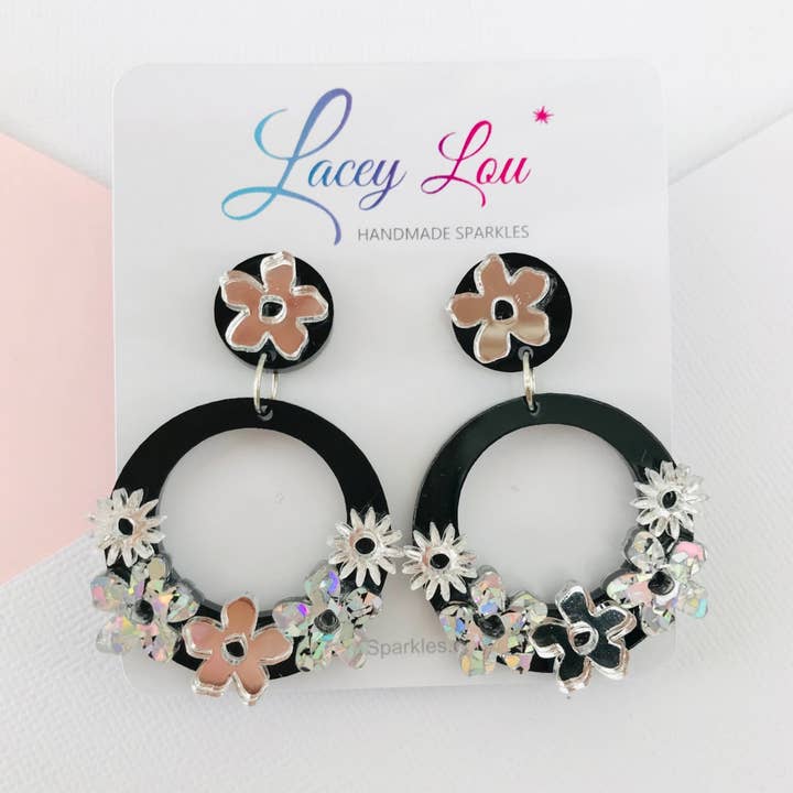 Statement Round Floral Dangles - Silver and Black Acrylic Earrings for wholesale by Lacey Lou Sparkles