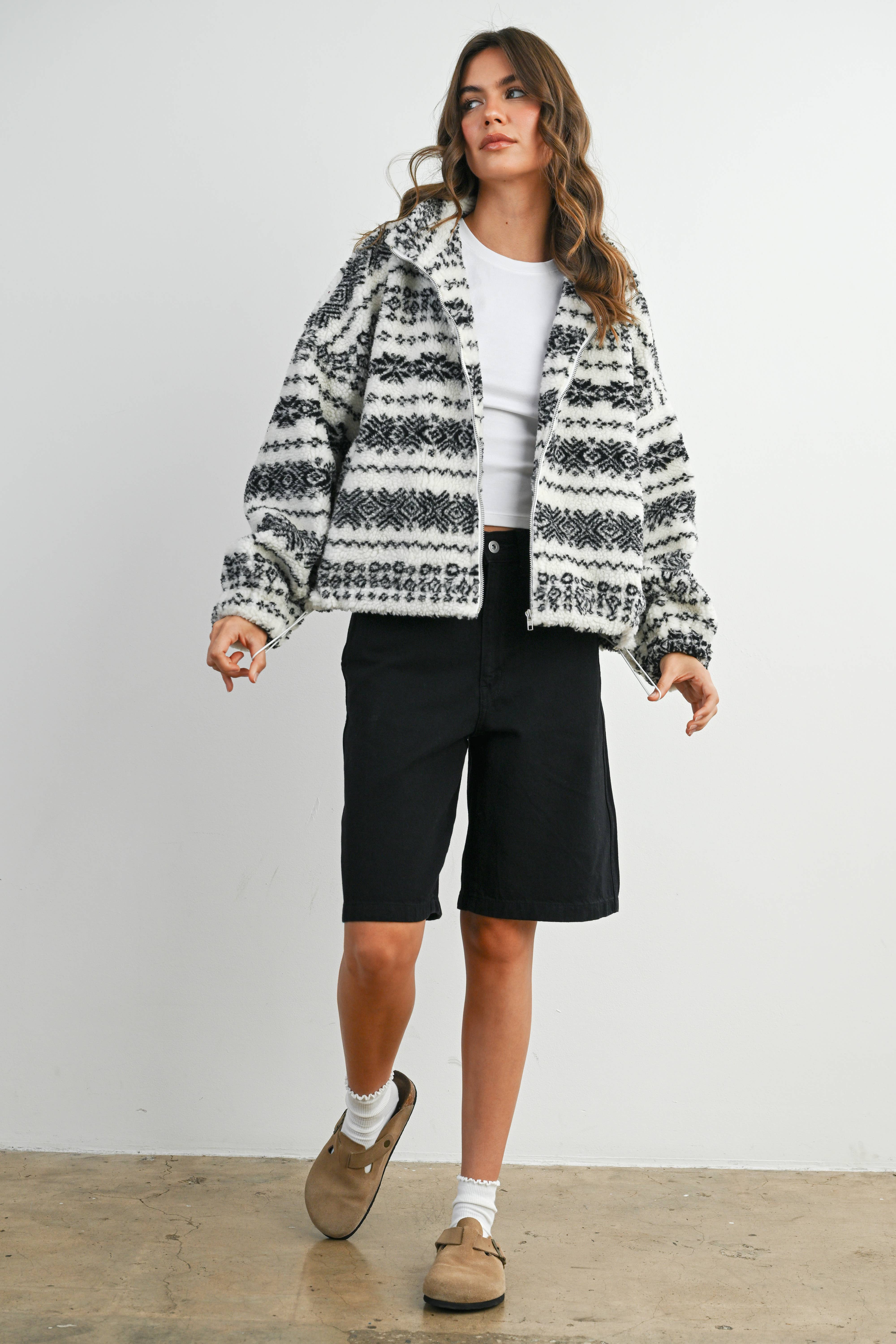 BUTTERMELON - Wholesale Jacket - Women's - Fuzzy Fleece Zip-Front Patterned Jacket - BMJ78073