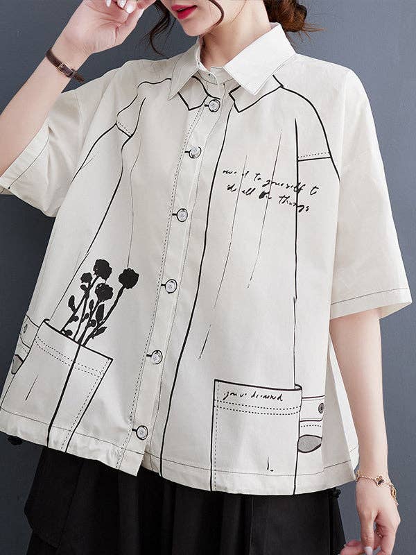 Sheer Trend – Camisa com botões no colarinho – Mulher por atacado – Blusas de lapela com junta dividida com estampa em cores contrastantes com mangas curtas e soltas5