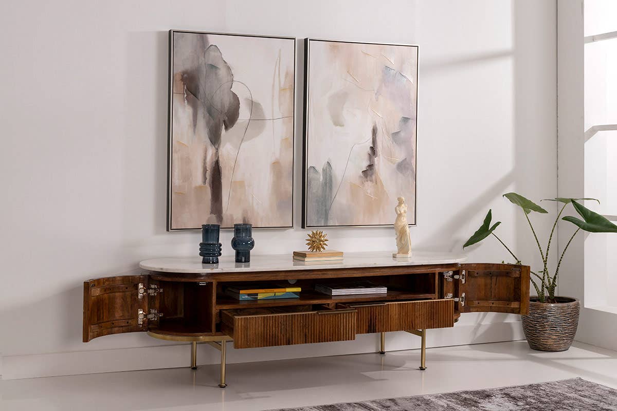 Gdeco - Wholesale Console Table - Natural Wood TV Cabinet And White Marble Top1