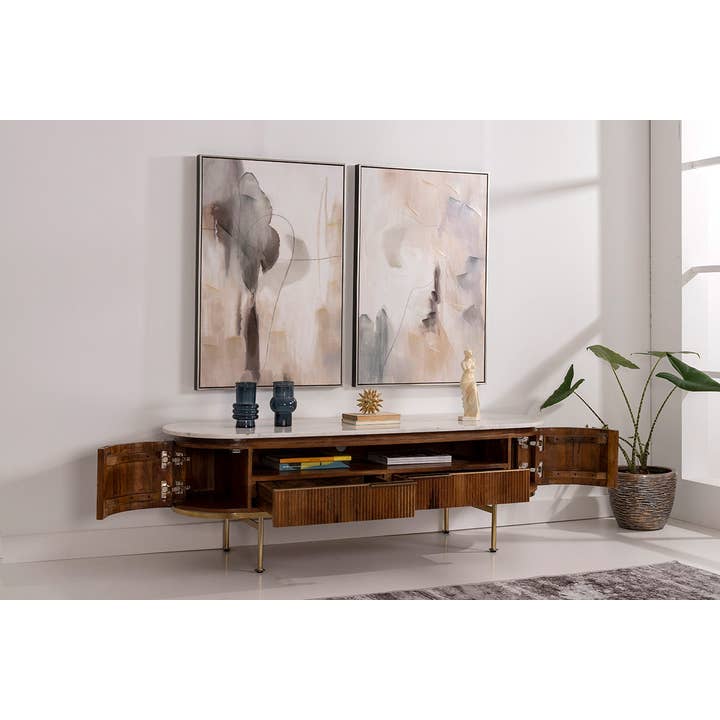 Gdeco - Wholesale Console Table - Natural Wood TV Cabinet And White Marble Top1