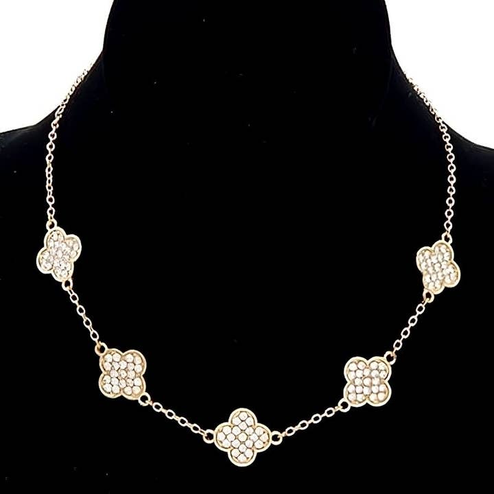 Rhinestone Faux Perals Clover Station Chain Necklace for wholesale by Diacly