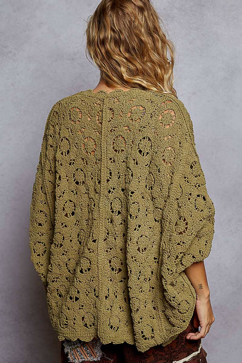 Pol Clothing - Wholesale Cardigan - Women's - Long sleeve v neck floral pattern crochet chenille cardigan14