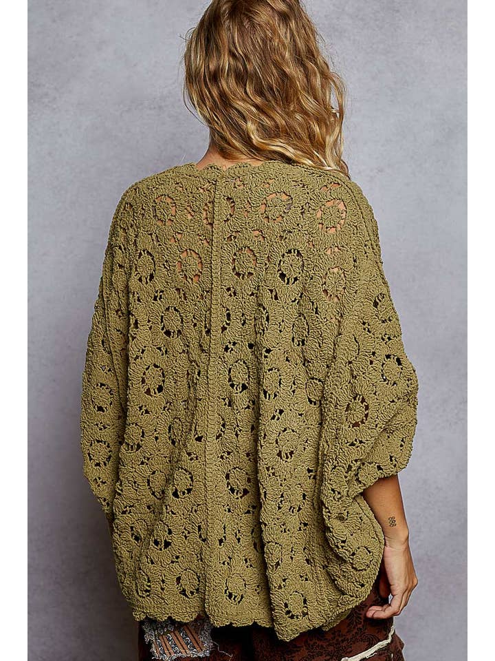 Pol Clothing - Wholesale Cardigan - Women's - Long sleeve v neck floral pattern crochet chenille cardigan14