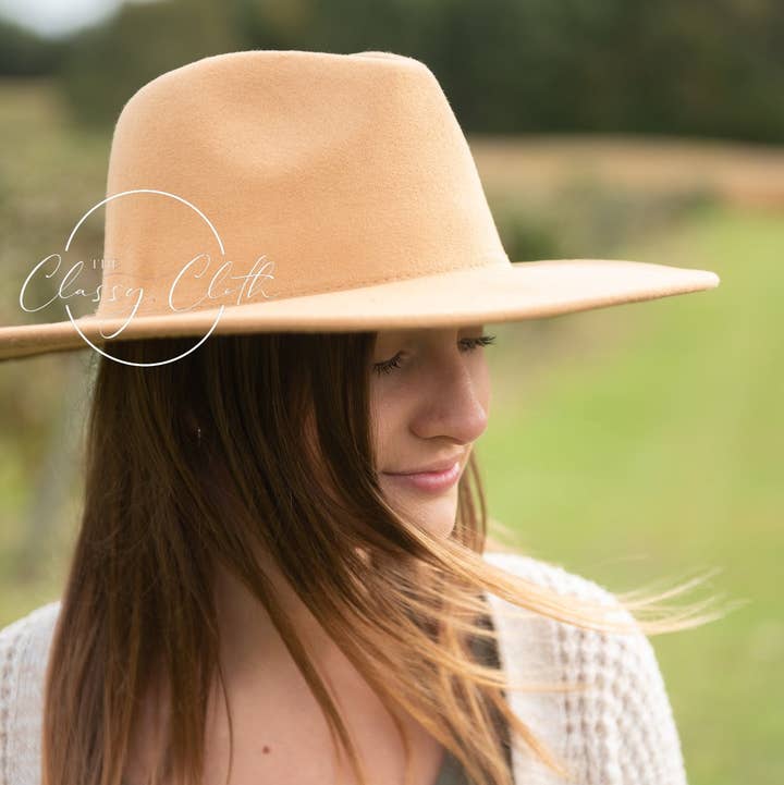 The Classy Cloth WS - Wholesale Fedora - Women's - Wide Brim Hat w/ Belt - Light Tan RTS