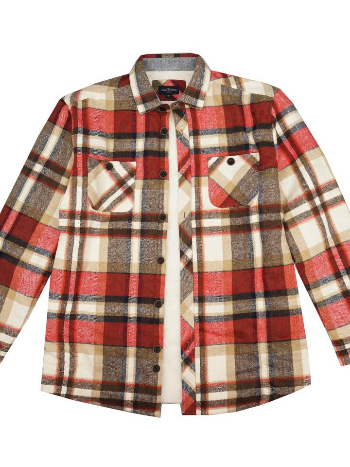 Craigavon Sherpa Lined OverShirt in Apple Red and Biscuit for wholesale by Rue Saint-Patrick